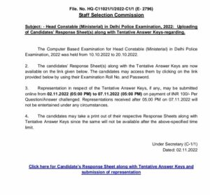 SSC Delhi Police Constable Answer Key 2022
