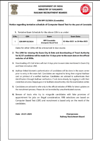 RPF Constable Admit Card 2025