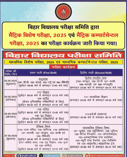 BSEB Compartmental Time Table 2025