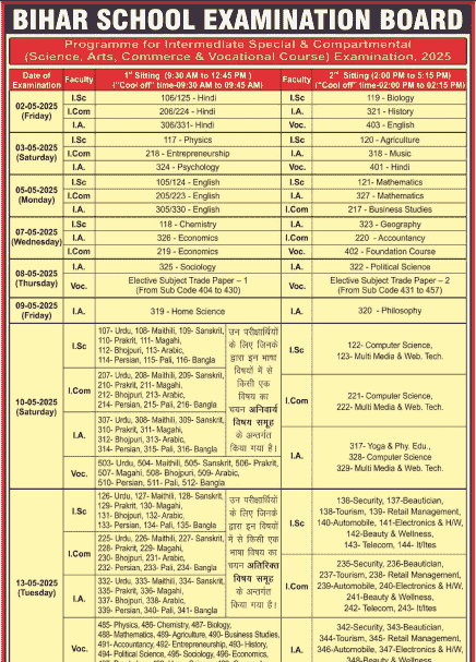 BSEB Compartmental Time Table 2025