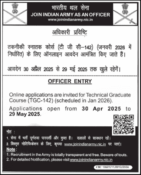 Indian Army TGC 142 Recruitment 2025