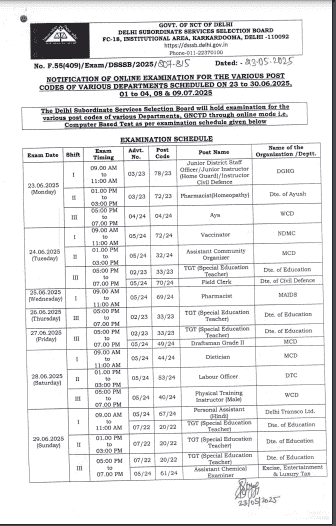 DSSSB June Exam Calendar 2025
