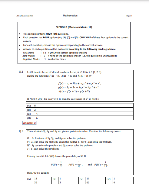 JEE Advanced Answer Key 2025