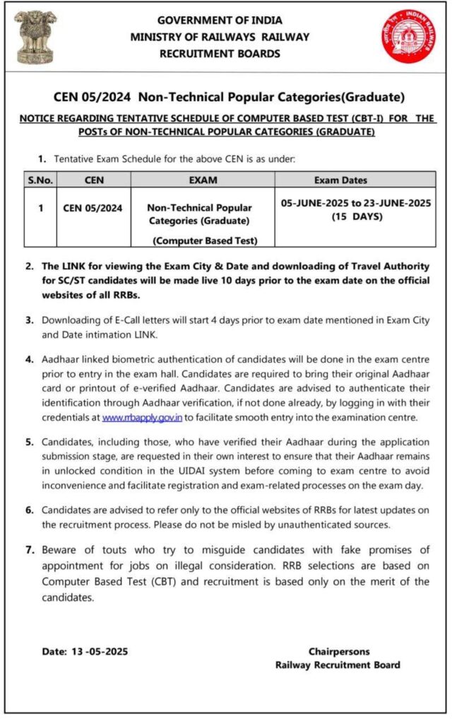 Railway RRB NTPC Graduate Level Exam 2025