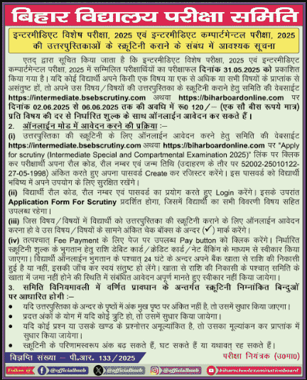 Bihar Board Compartmental Scrutiny Form 2025