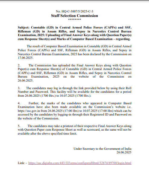 SSC GD Constable Score Card 2025