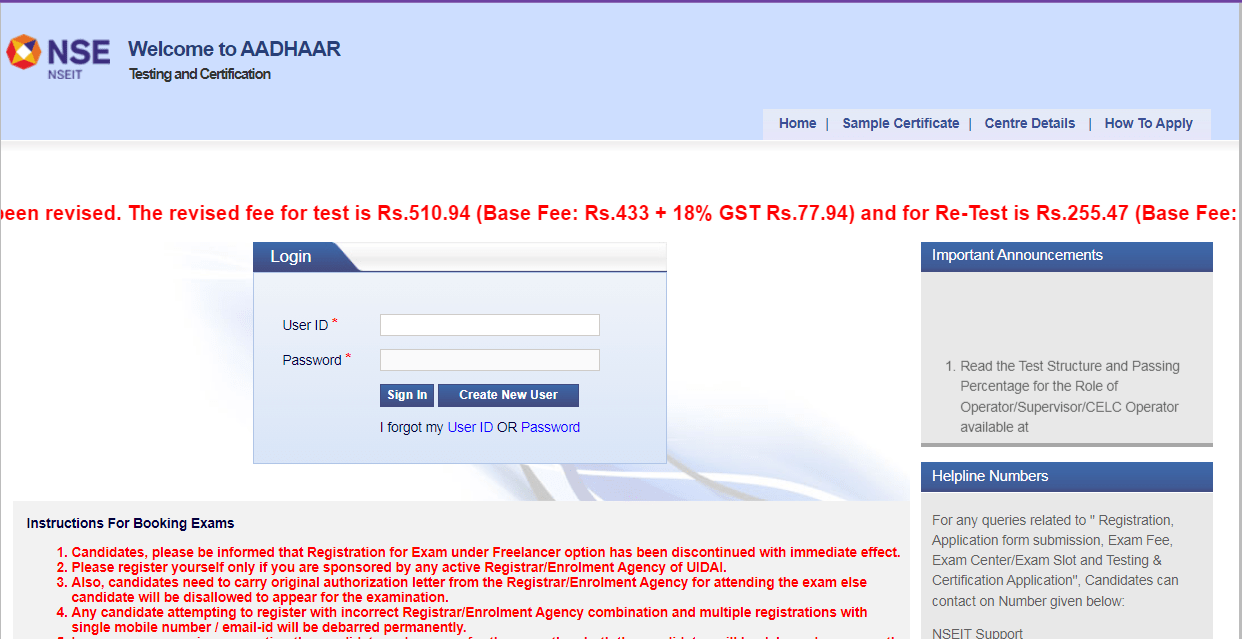 Aadhaar NSEIT Operator Supervisor Certificate Apply Online 2025