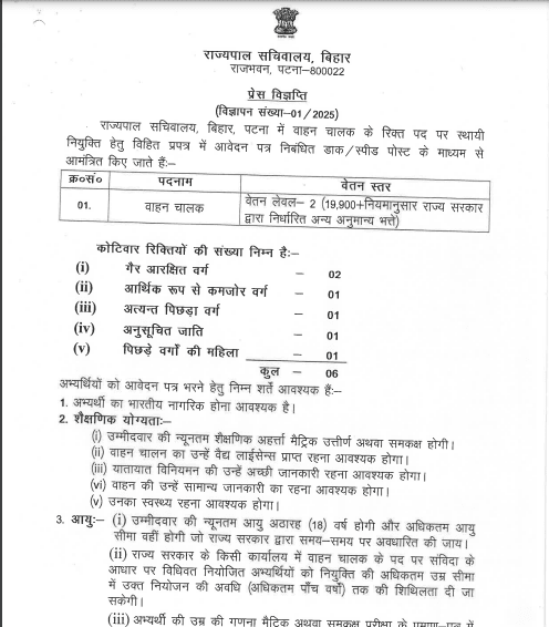 Bihar Governor Secretariat Driver Vacancy 2025