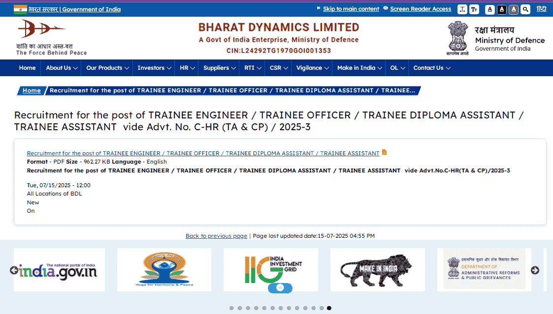 BDL Recruitment 2025 Official Website Screenshot.