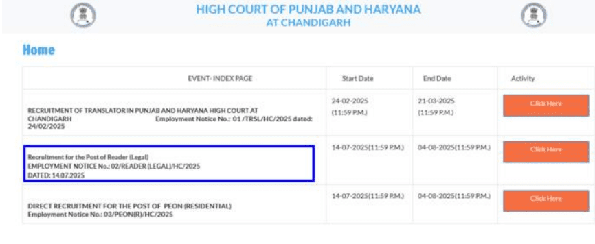 Punjab & Haryana High Court Reader Recruitment 2025 Official Website Screenshot.