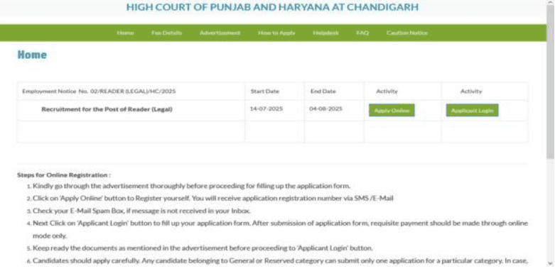 Punjab & Haryana High Court Reader Recruitment 2025 Official Website Screenshot.