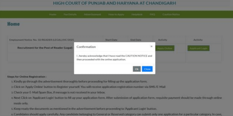 Punjab & Haryana High Court Reader Recruitment 2025 Official Website Screenshot.