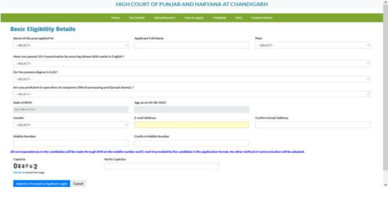 Punjab & Haryana High Court Reader Recruitment 2025 Official Website Screenshot.