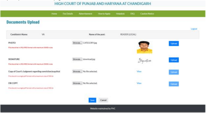 Punjab & Haryana High Court Reader Recruitment 2025 Official Website Screenshot.
