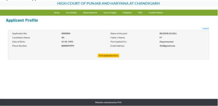 Punjab & Haryana High Court Reader Recruitment 2025 Official Website Screenshot.