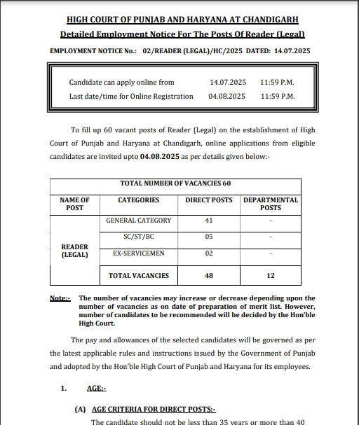 Punjab & Haryana High Court Reader Recruitment 2025 Official Notification Screenshot.