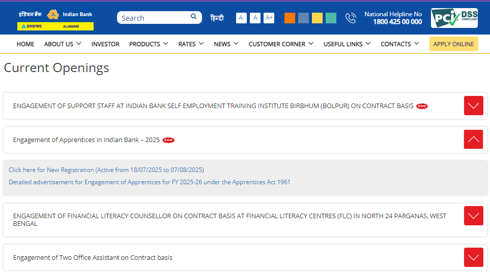 Indian Bank Apprentice Recruitment 2025 Official Website Screenshot.