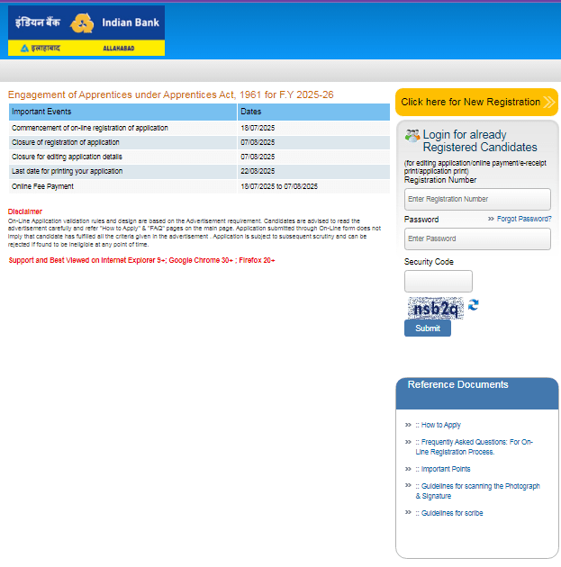 Indian Bank Apprentice Recruitment 2025 Official Website Screenshot.