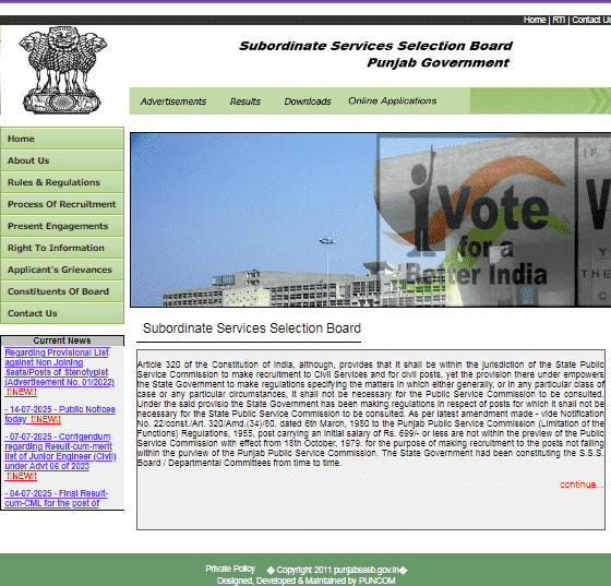 PSSSB Group B Recruitment 2025 Official Website Screenshot.