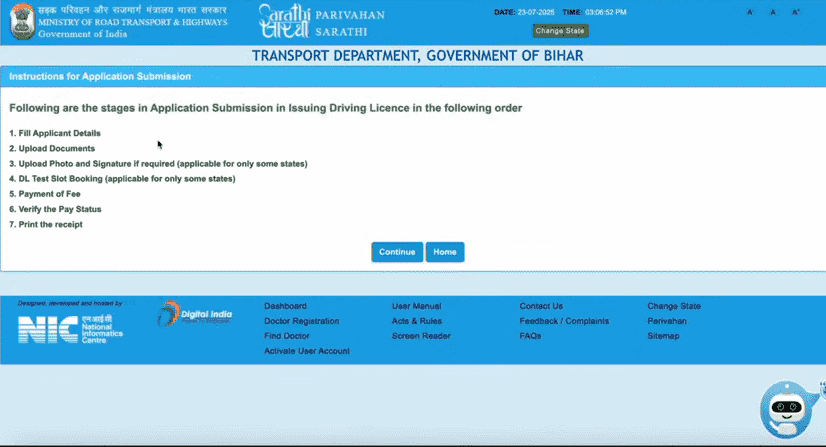 DL Online Apply After LL Official Website Screenshot.