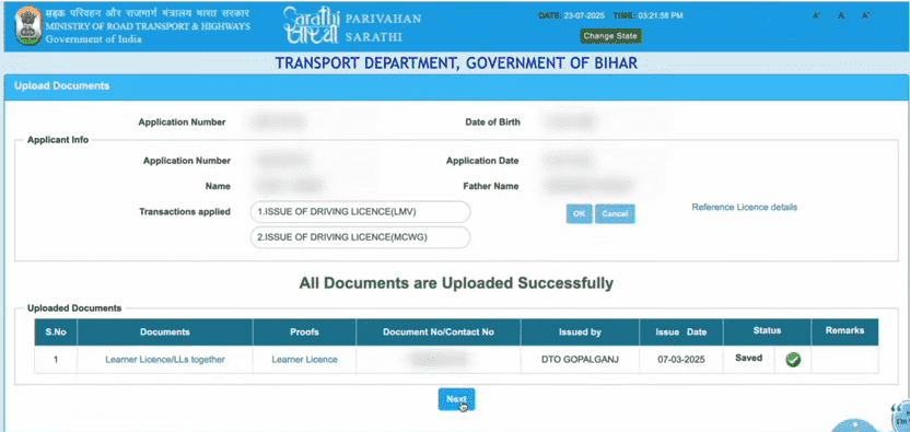 DL Online Apply After LL Official Website Screenshot.