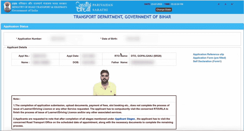 DL Online Apply After LL Official Website Screenshot.