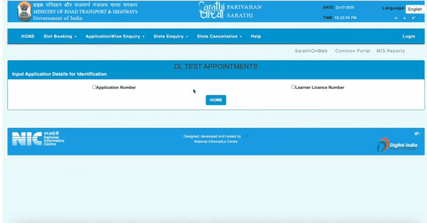 DL Online Apply After LL Official Website Screenshot.