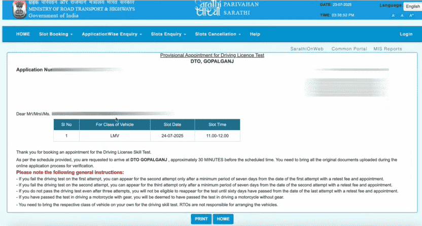 DL Online Apply After LL Official Website Screenshot.