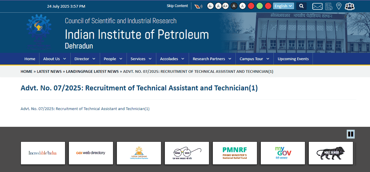 Dehradun CSIR IIP Recruitment 2025 Official Website Screenshot.