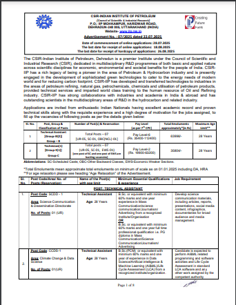 Dehradun CSIR IIP Recruitment 2025 Official Notiication Screenshot.