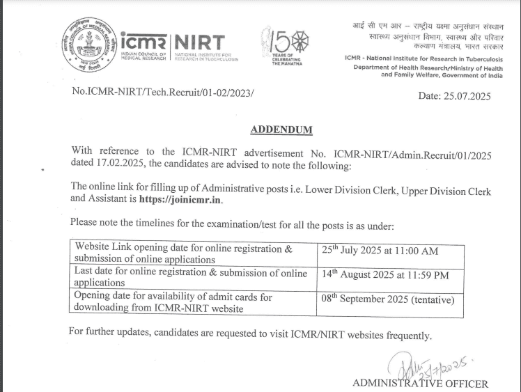 ICMR-NIRT Recruitment 2025 Official Notiication Screenshot.