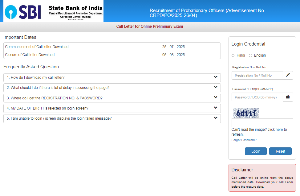 SBI PO Prelims Admit Card 2025 Official Website Screenshot.