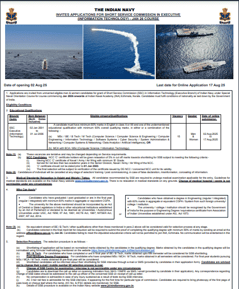 Indian Navy SSC Executive IT Recruitment 2025 Official Notification Screenshot.