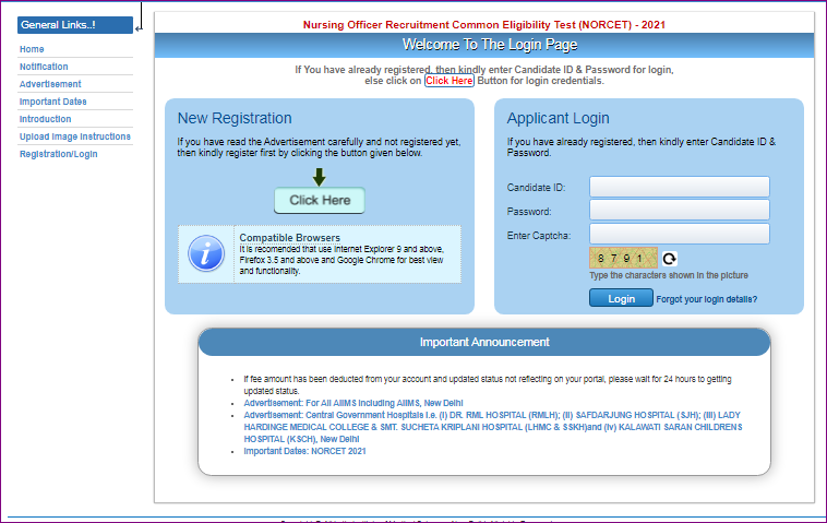 AIIMS NORCET 9 Nursing Officer Recruitment 2025 Official Website Screenshot.