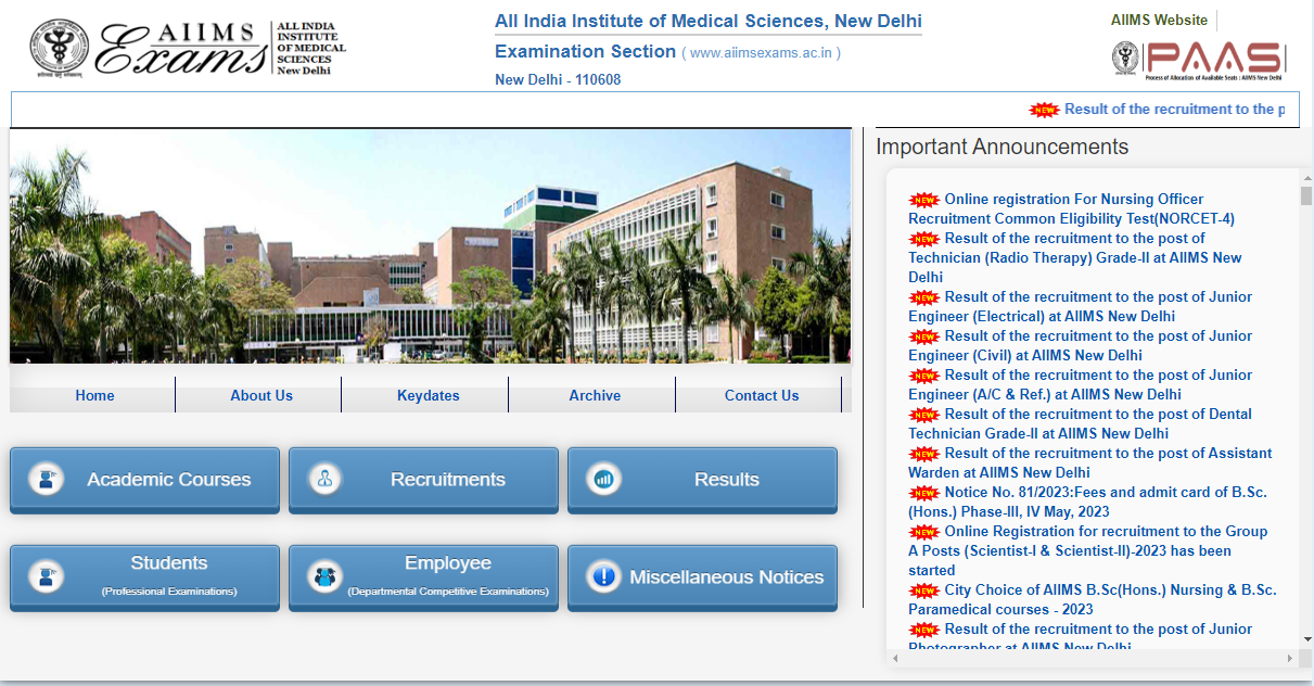 AIIMS NORCET 9 Nursing Officer Recruitment 2025 Official Website Screenshot.