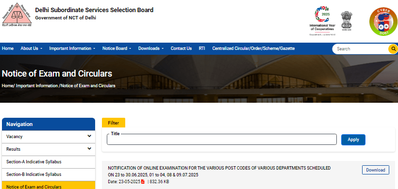 DSSSB Advt. 2/2025 Recruitment 2025 Official Website Screenshot.