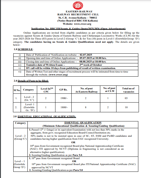 RRC ER Apprentice Recruitment 2025 Official Notification Screenshot.