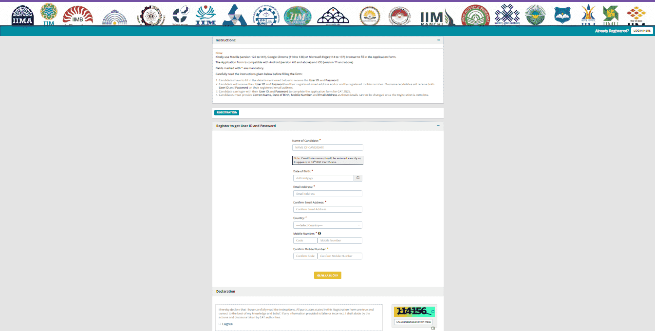 CAT Exam 2025 Official Website Screenshot.