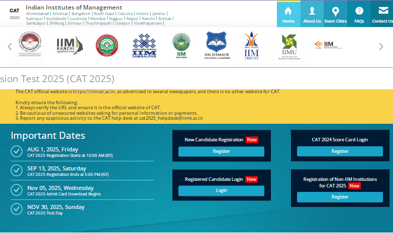 CAT Exam 2025 Official Website Screenshot.