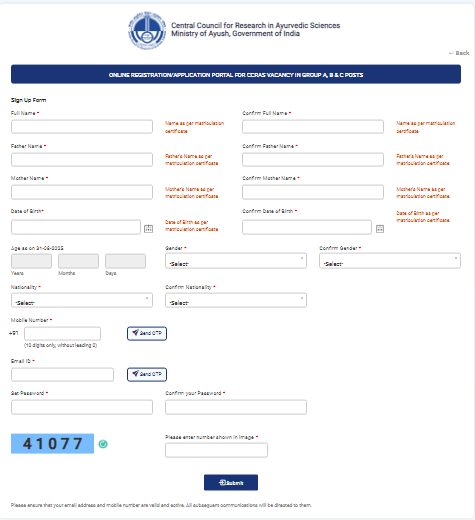 CCRAS Group A, B, C Recruitment 2025 Offiical Website Screenshot.