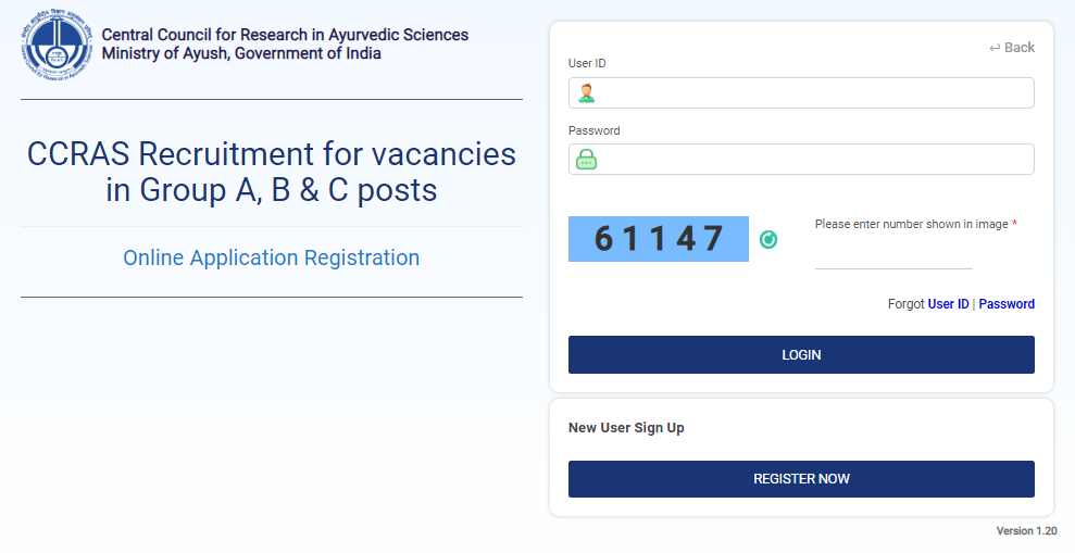 CCRAS Group A, B, C Recruitment 2025 Official Website Screenshot.