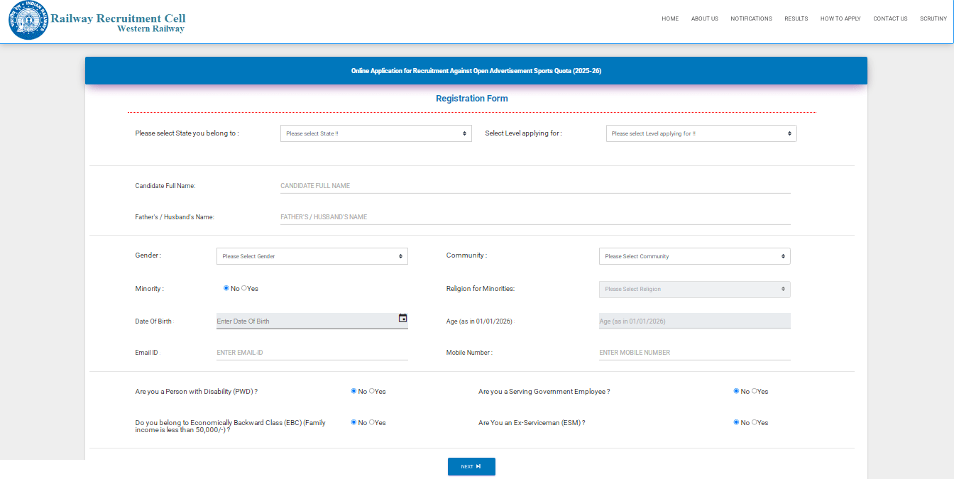 RRC Western Railway Sports Quota Recruitment 2025 Official Website Screenshot.