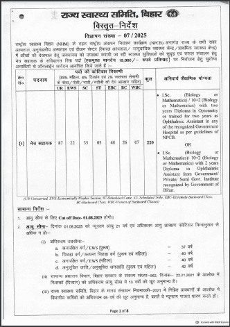 Bihar Ophthalmic Assistant Vacancy 2025 Official Notification Screenshot.