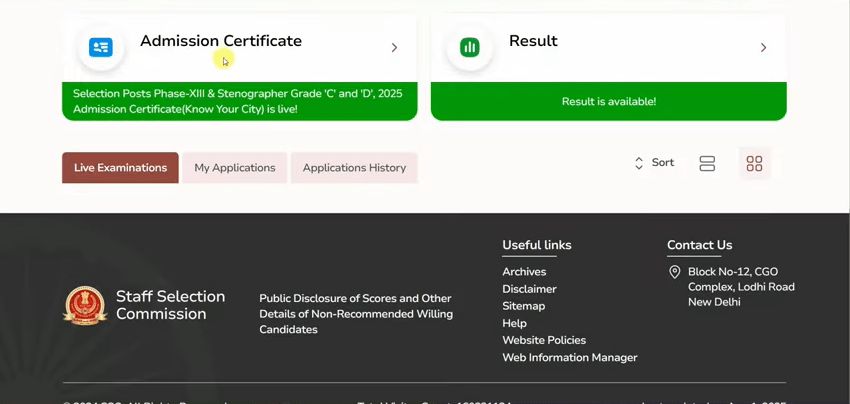 SSC JHT Admit Card 2025 Official Wesbite Screenshot.