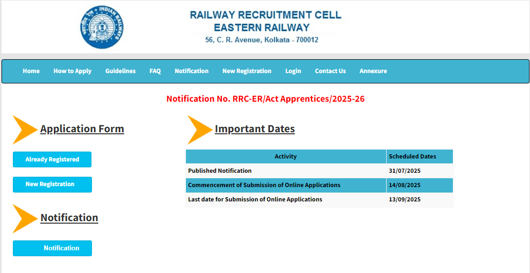 RRC ER Apprentice Recruitment 2025 Official Website Screenshot.