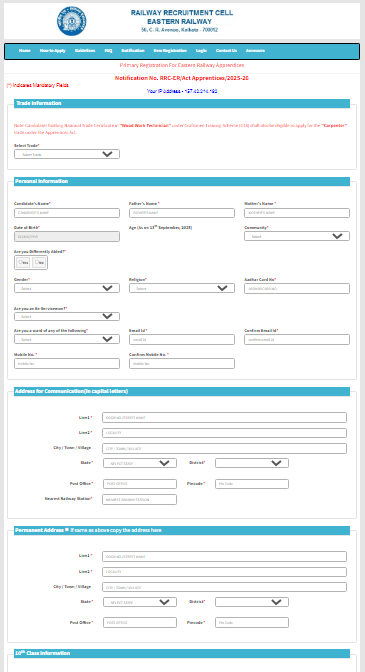 RRC ER Apprentice Recruitment 2025 Official Website Screenshot.