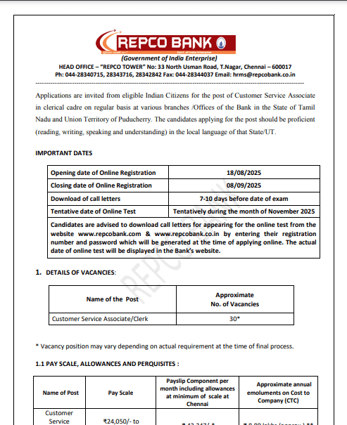 REPCO Bank Clerk Recruitment 2025 Official Notification Screenshot.