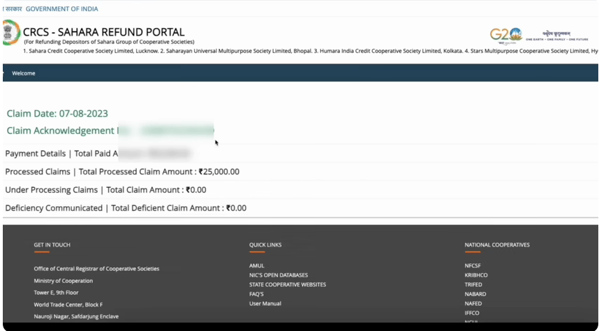 Sahara India Payment Refund Status 2025 Official Website Screenshot.