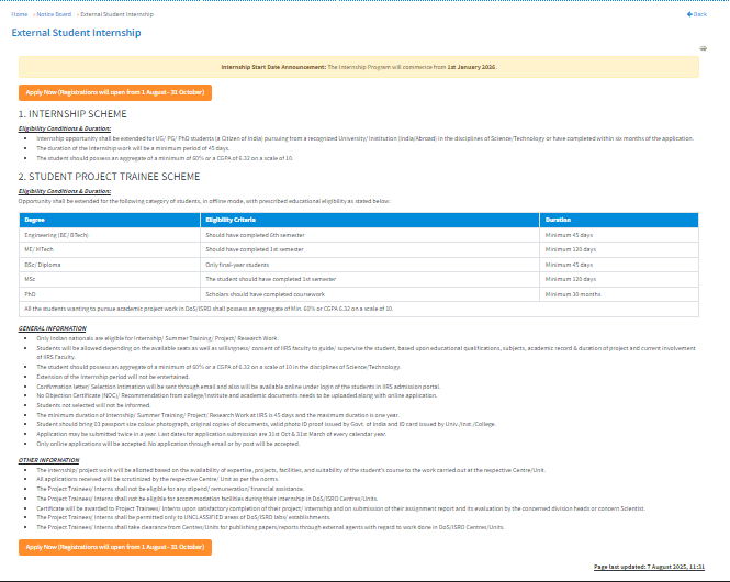 ISRO INTERNSHIP 2025 Official Website Screenshot.