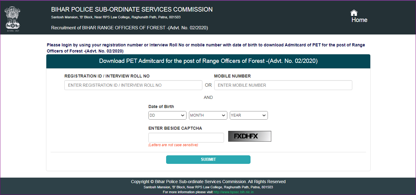 Bihar Police Forest Range Officer Admit Card 2025 Official Website Screenshot.